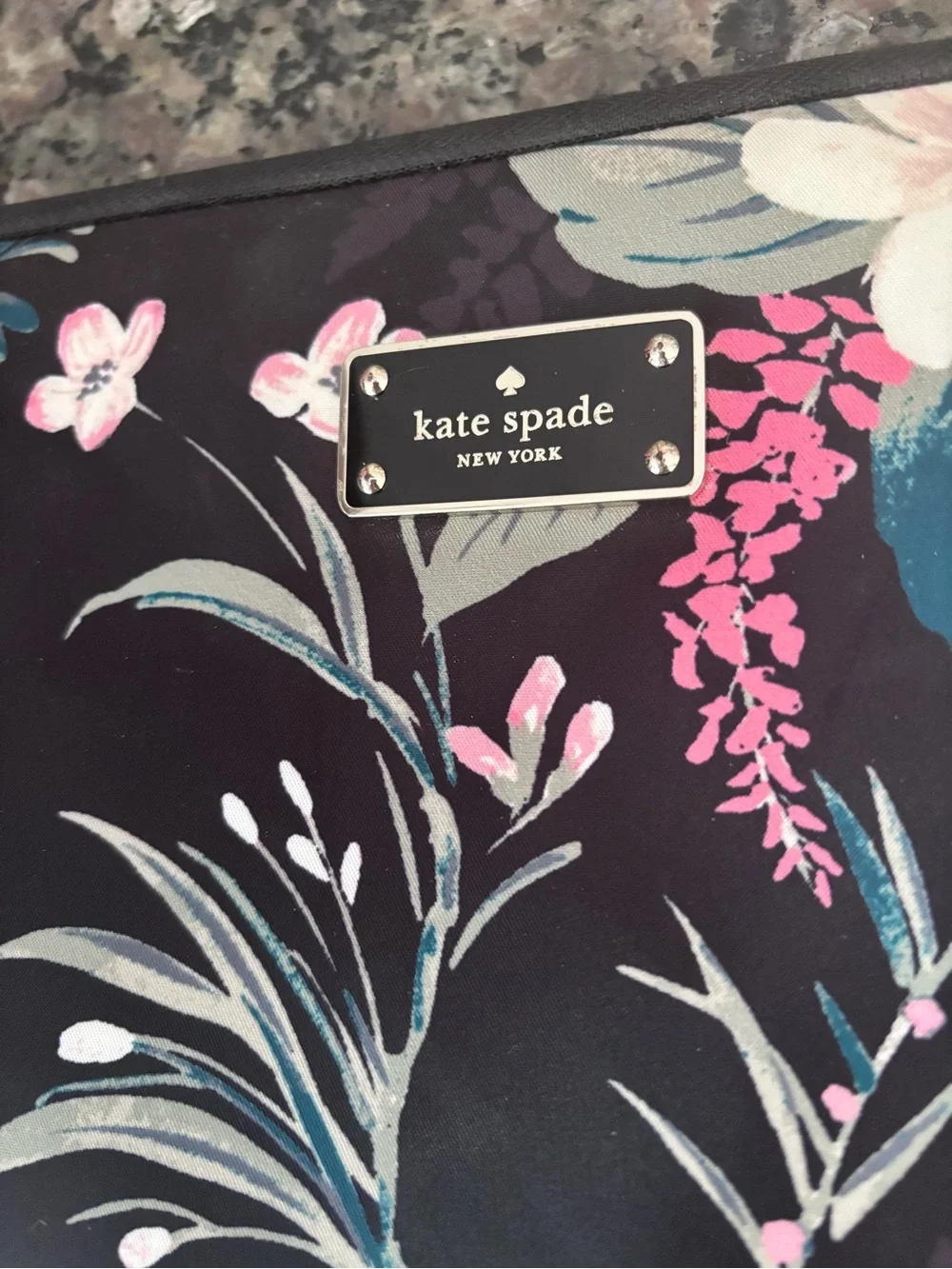 kate spade Black Floral Nylon Padded Laptop Sleeve with Pink & Cream Blooms